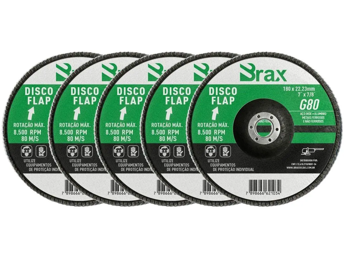 Kit 5 Disco Flap De Zircônio De 7" X 7/8" 180x22,23mm Grão 80 - Brax