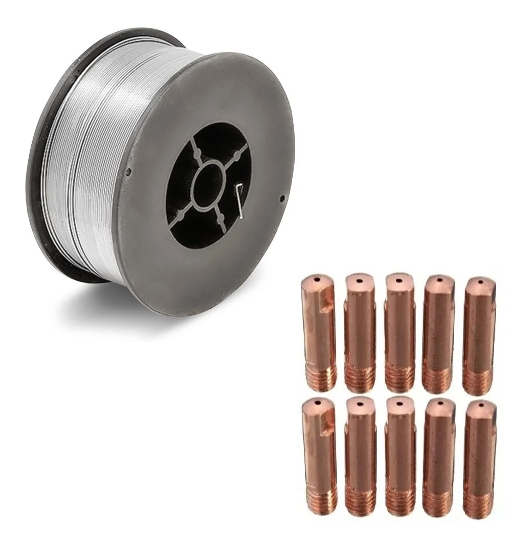 Kit - 1 Arame Mig Uso Sem Gás 0,8mm - 1kg + 10 Bico De Contato 0,8 Mm M6x25 - Galzer