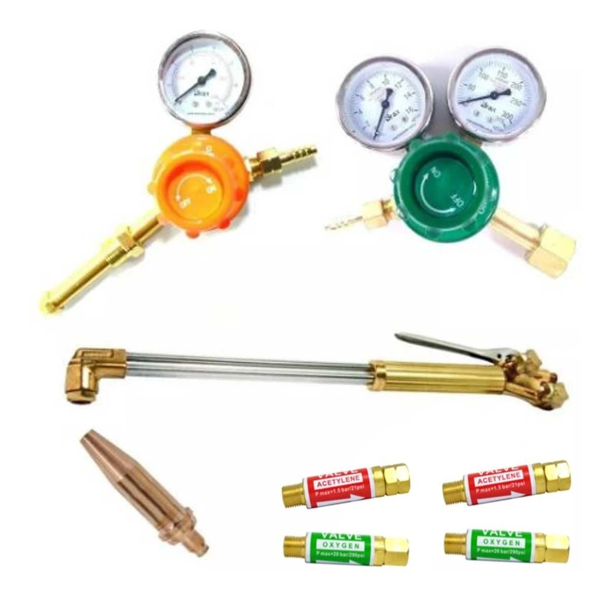 Kit - 1 Maçarico 1500 + 2 Reguladores (oxigênio / Glp 45) + 4 Valvulas Corta Chamas + Bico 1503 N8