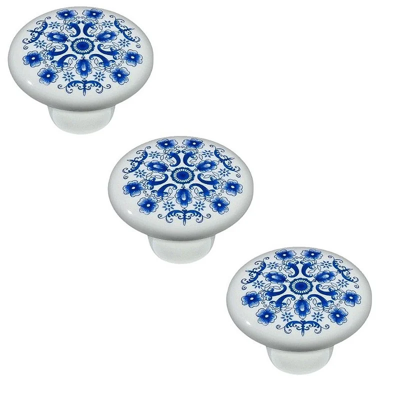 Kit 3 Puxador Italy Line Ceramica Il7067 Estampa Azul Louça