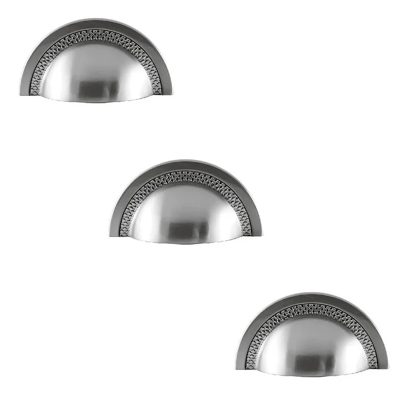 Kit 3 Puxador Shell 64 Mm Zen Cromo Escovado Com Verniz