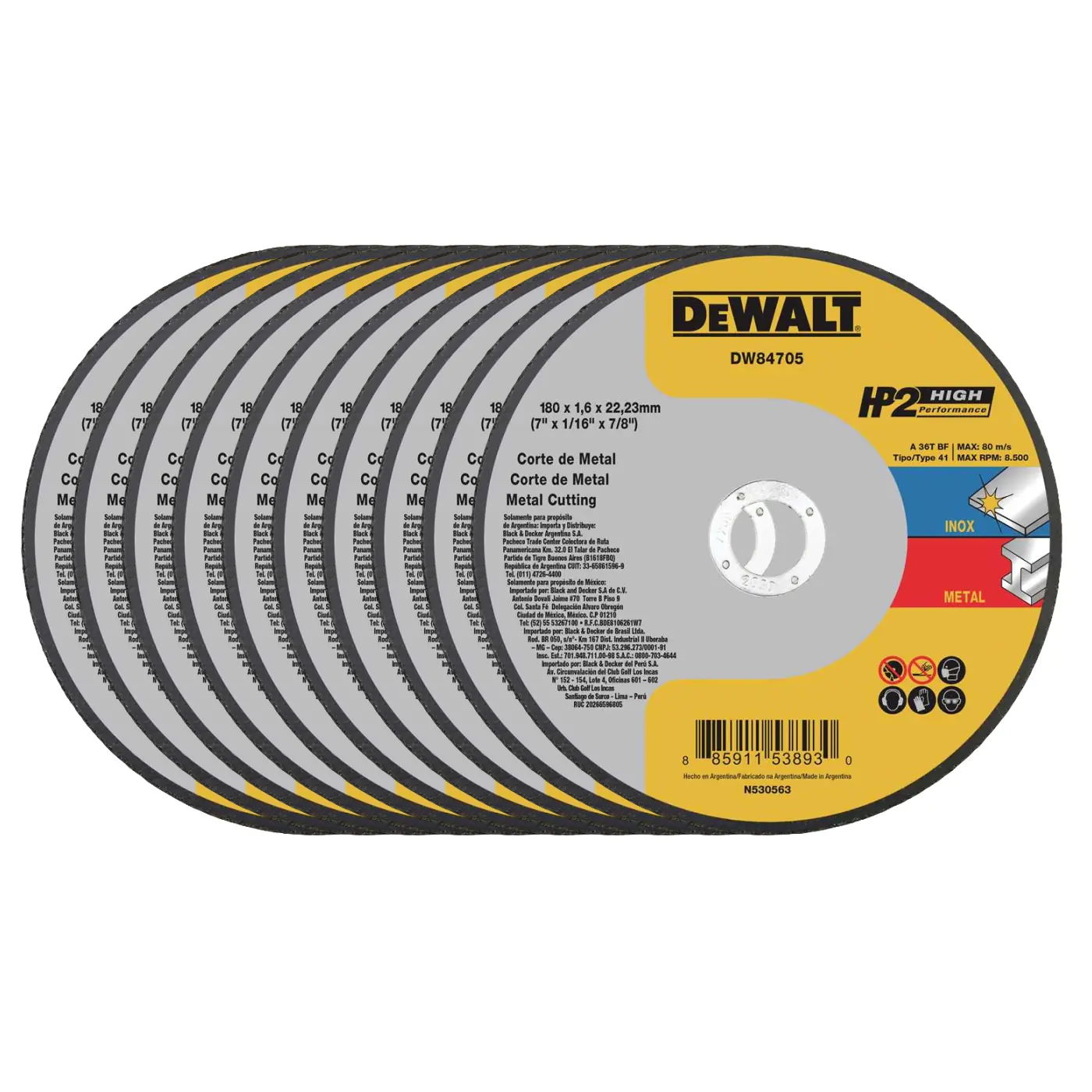 Disco De Corte 180x1.6x22mm Aço/inox Hp2 Dewalt Dw84705 - 10 Unidades