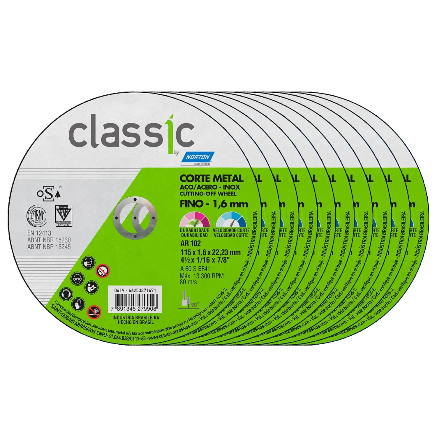 Disco De Corte 115x1.6x22mm Aço Ar102 Classic Norton 66253371671 - 10 Unidades