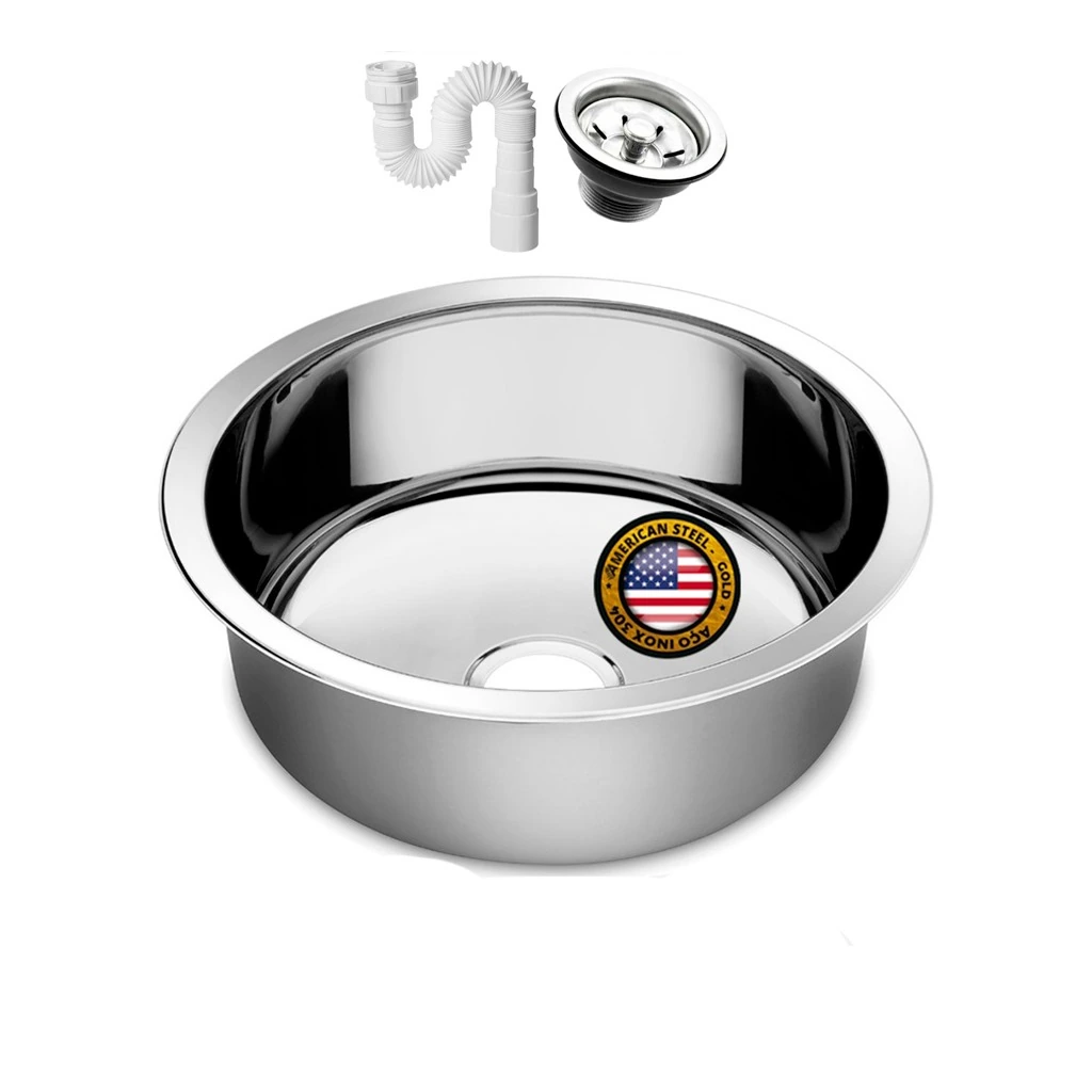 Cuba Redonda Cozinha 25 Cm Aço Inox 430 Com Válvula E Sifão