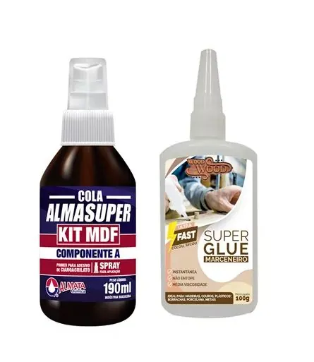 Kit Cola Para Mdf - Spray Almasuper 190ml (comp. A) + Super Cola Ultra Fast 100g Wood Wood (comp. B)