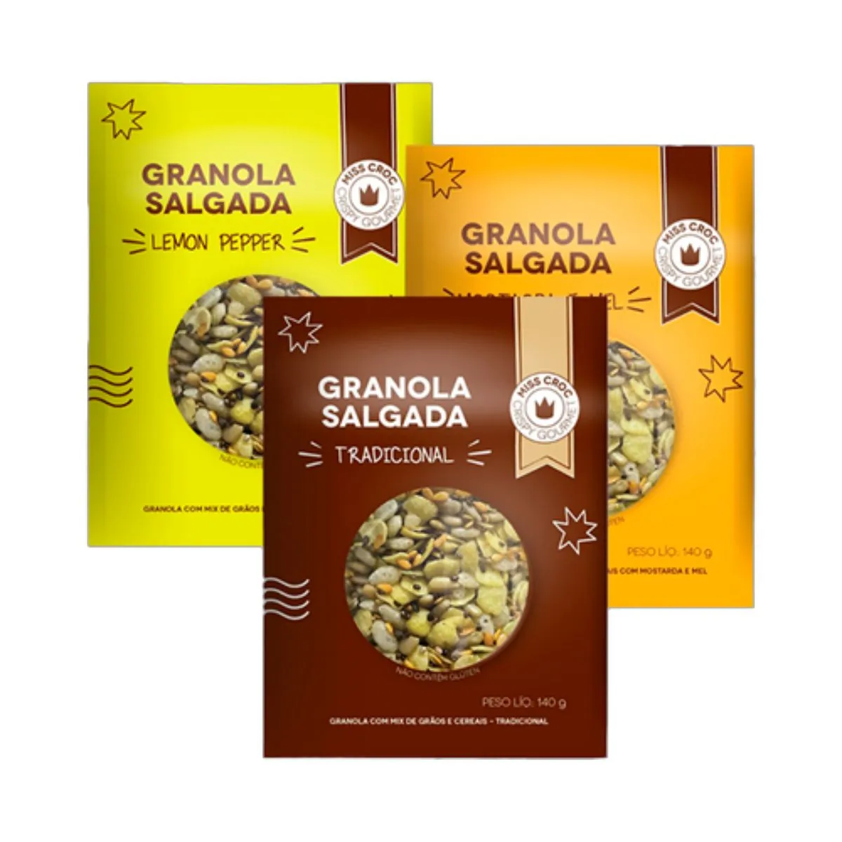 Kit 3 Granolas Crisp Sachê Miss Croc: Lemon Pepper, Mostarda e Mel, Tradicional