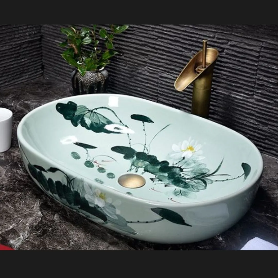 Cuba pia de Bancada para lavabo banheiro Vintage Verde Flores Luxo Retro 60x40x13,5