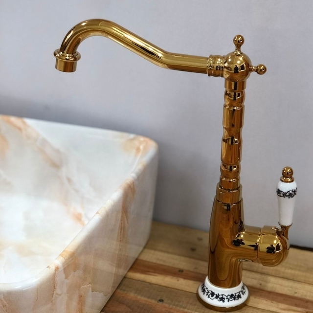 Torneira Vintage Retrô Monocomando Dourado Ouro com Porcelana 60113GP