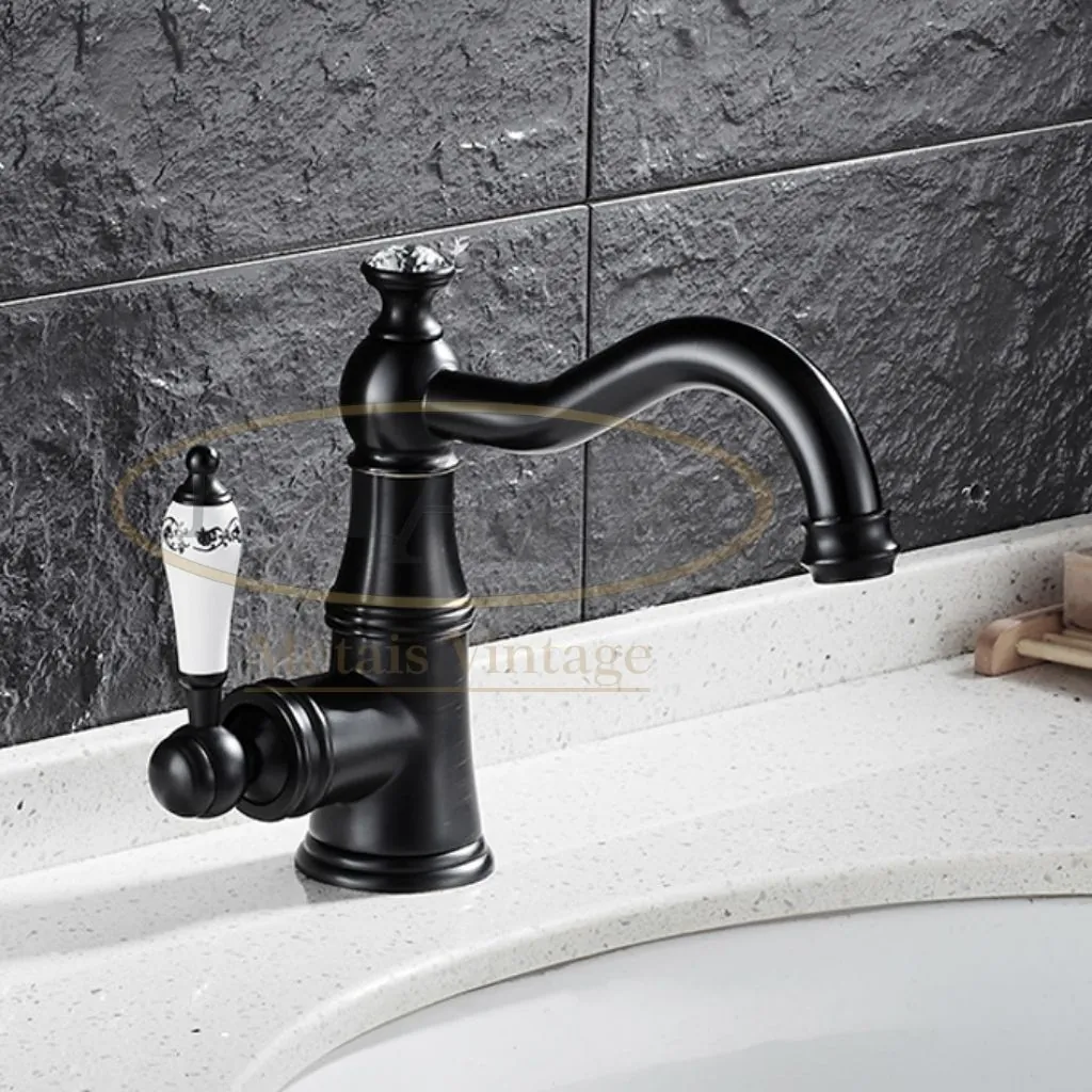 Torneira Vintage Retrô Latão Preto C/ Porcelana Quente/Fria 60222P