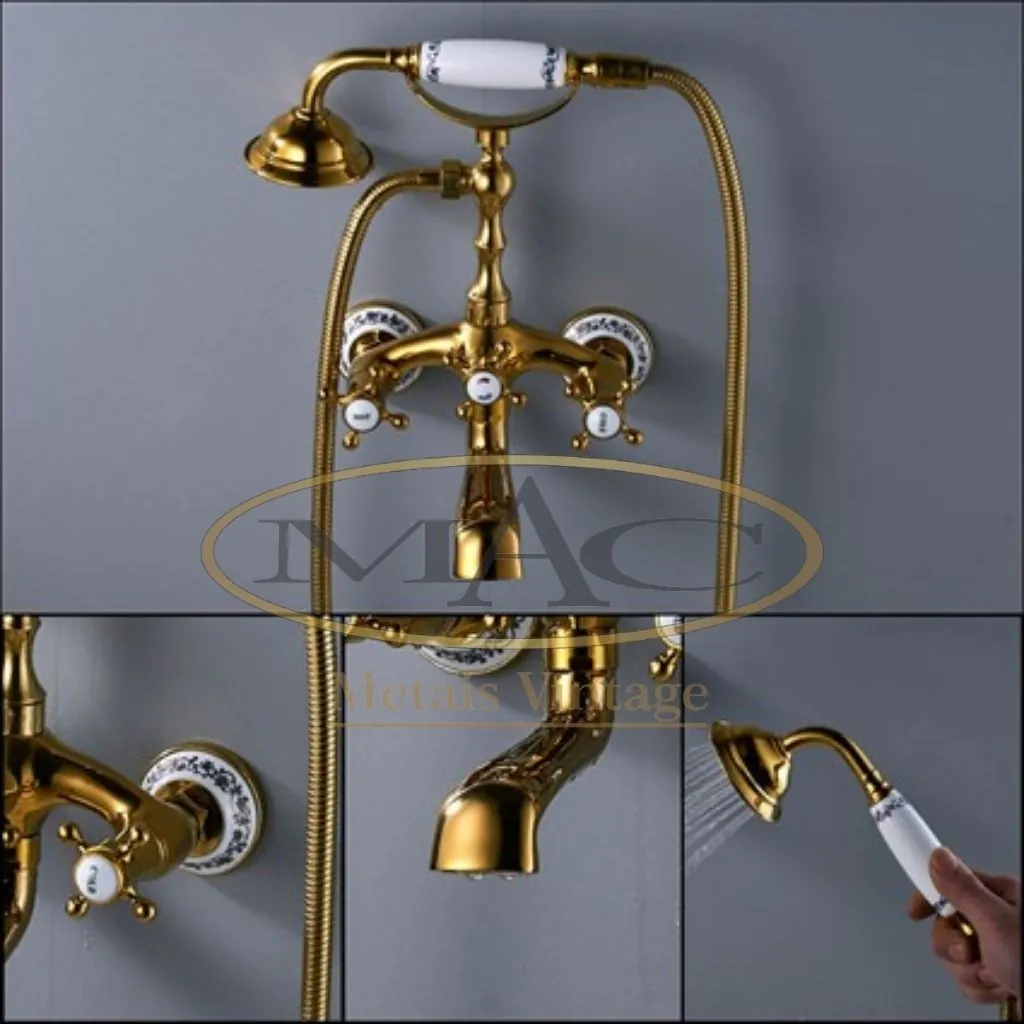 Torneira com Misturador p/ Banheira Vintage Retrô Dourado Ouro com Porcelana 60330GP