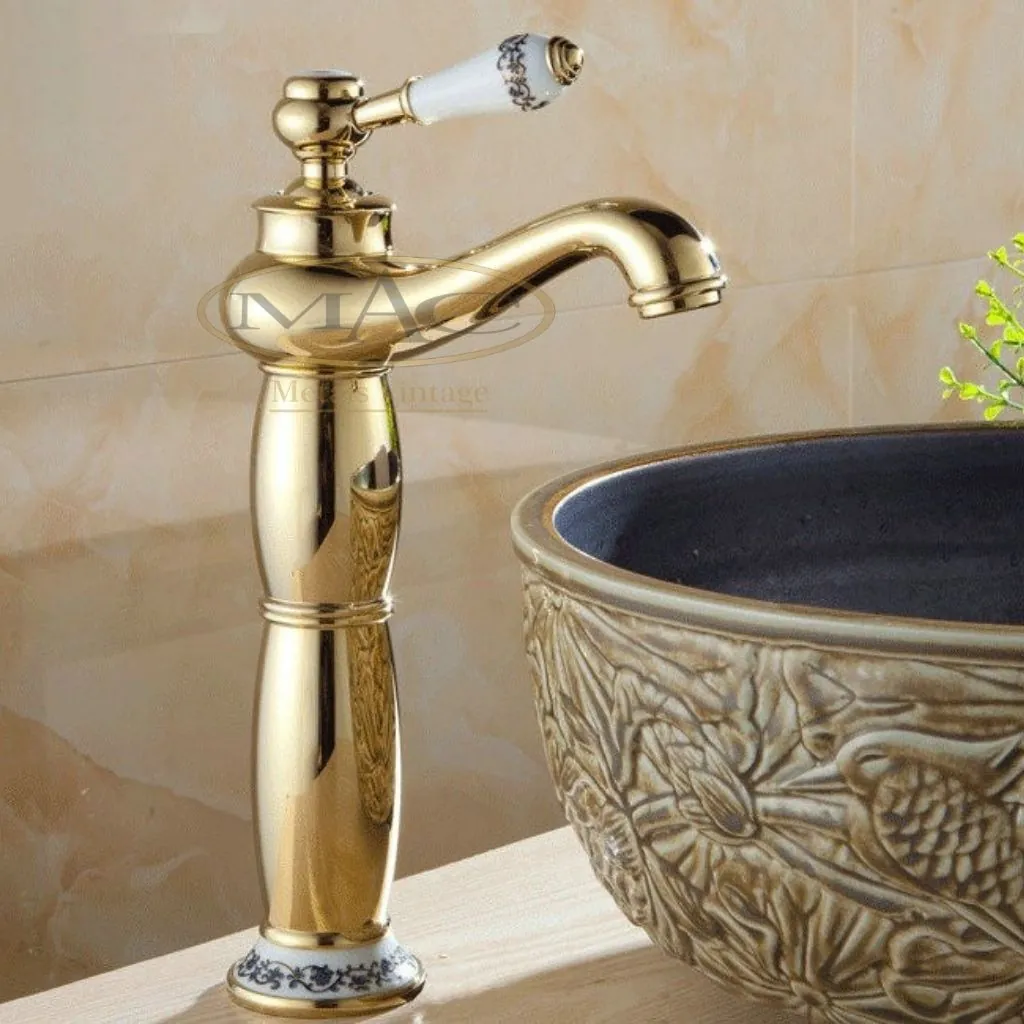 Torneira Alta Luxo Vintage Provençal Dourado C/ Porcelana 701162G