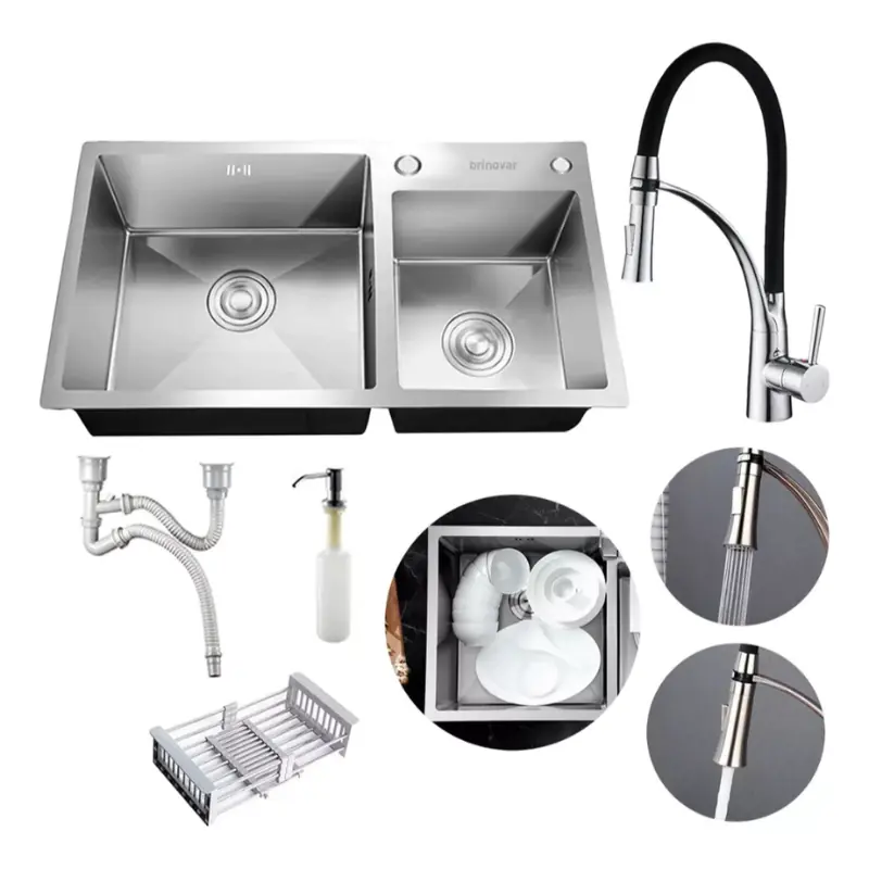 Cuba Dupla Quadrada Cozinha Gourmet Pia Aço Inox Acessórios + Torneira Monocomando Flexível Silicone