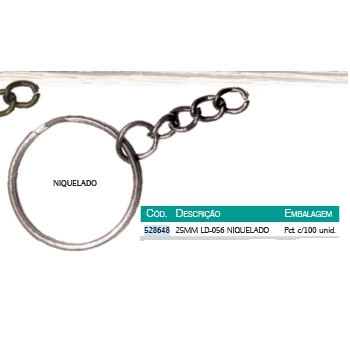 Argola Chaveiro C/corrente 25mm Ld 056 Niquelado Atacado Pct C/100 Kit