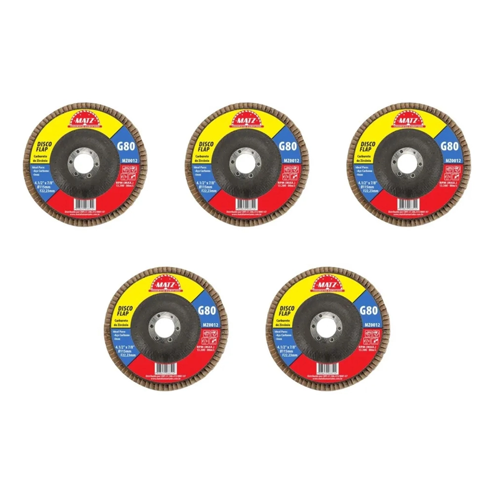 Kit 5 Disco Flap Desbaste Acabamento Grão 80 115x22,23 Matz