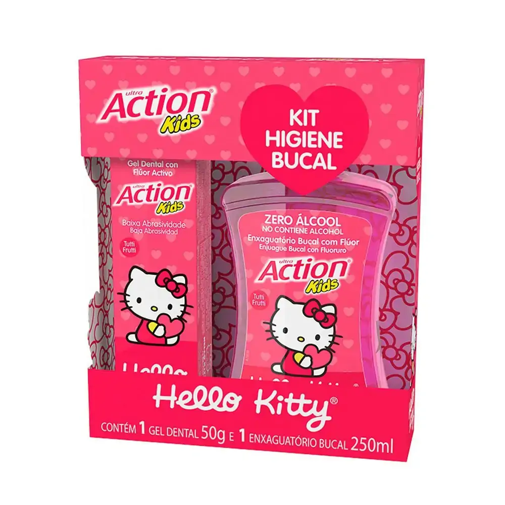 Kit Higiene Oral Ultra Action Kids Hello Kitty Gel Dental Enxaguatório