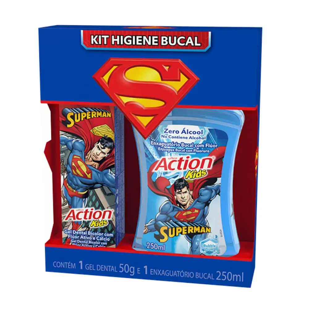 Kit Higiene Oral Ultra Action Kids Super Man Gel Dental Enxaguatório