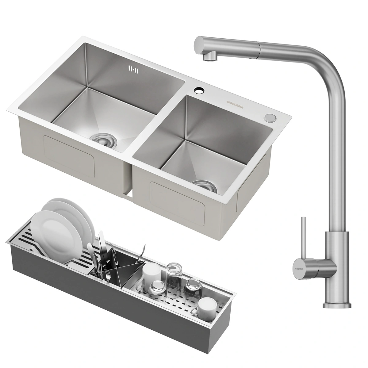 Kit Cuba Dupla Nápoles Aço Inox 304 Calha Oragnizadora Aço Inox E Torneira Toronto Aço Inox Goldenx