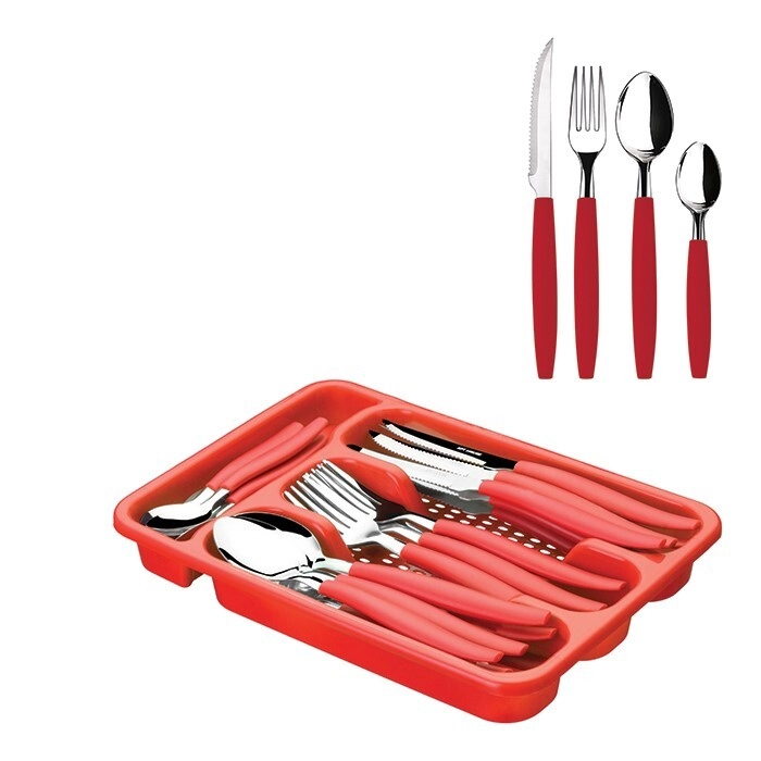 Jogo De Talheres Vermelh 24 Pcs Com Porta Talheres