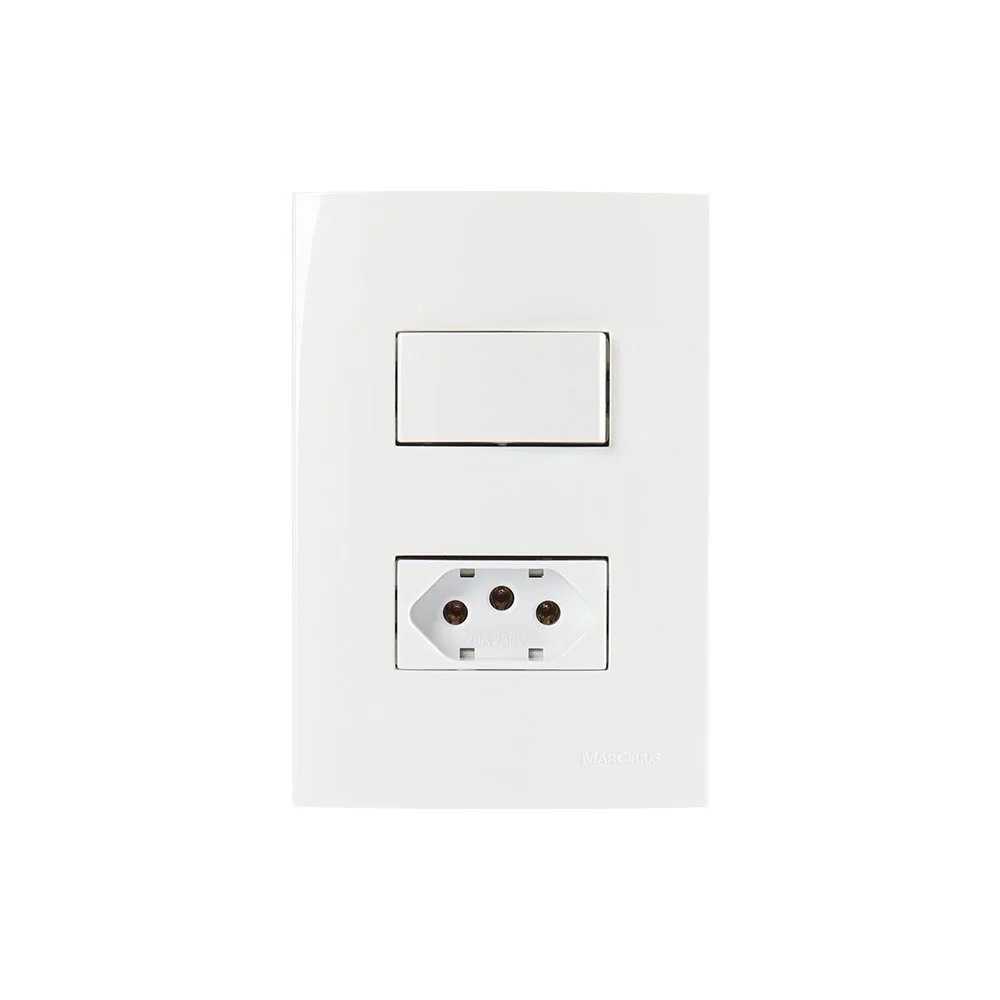 Interruptor Simples 10a E Tomada 2p+t 20a Margirius Sleek Com Placa 4x2 Branco Branco