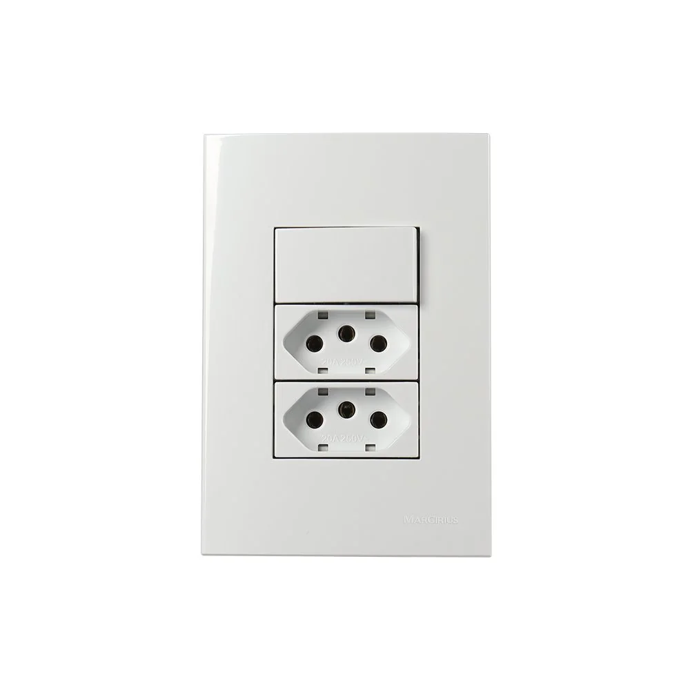 Interruptor Simples 10a E Tomada Dupla 2p+t 20a Margirius Sleek Com Placa 4x2 Branco Branco