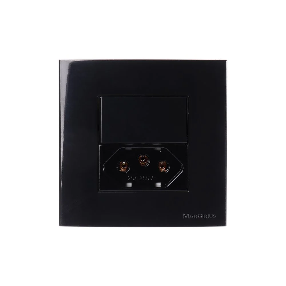 Placa Para Móveis 80x80 Com Interruptor Simples 10a E Tomada 2p+t 20a Margirius Sleek Preto Ebony