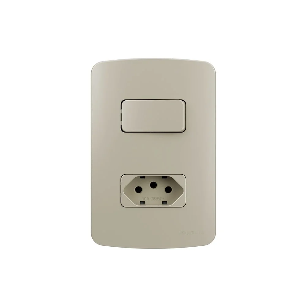 Interruptor Simples 10a E Tomada 2p+t 10a Margirius B3 Colors Com Placa 4x2 Pérola Pérola