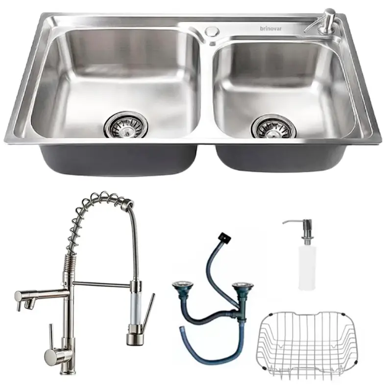 Cuba Gourmet Dupla Quadrada Pia Aço Inox Acessórios + Torneira Extensível Monocomando Gourmet Luxo