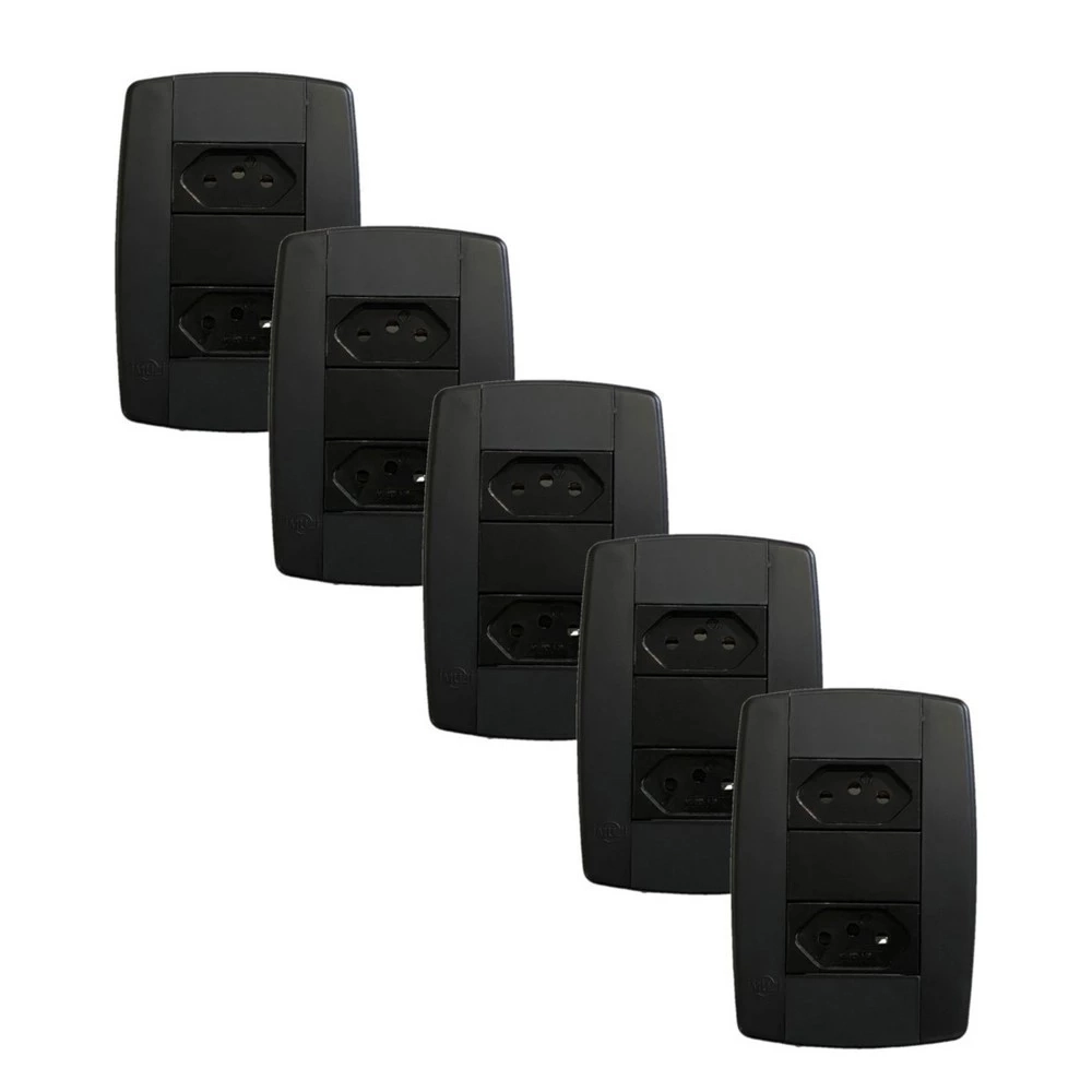 Kit 5 Conjunto 2 Tomadas Preta Monobloco 2p+t 10a 250v 4x2