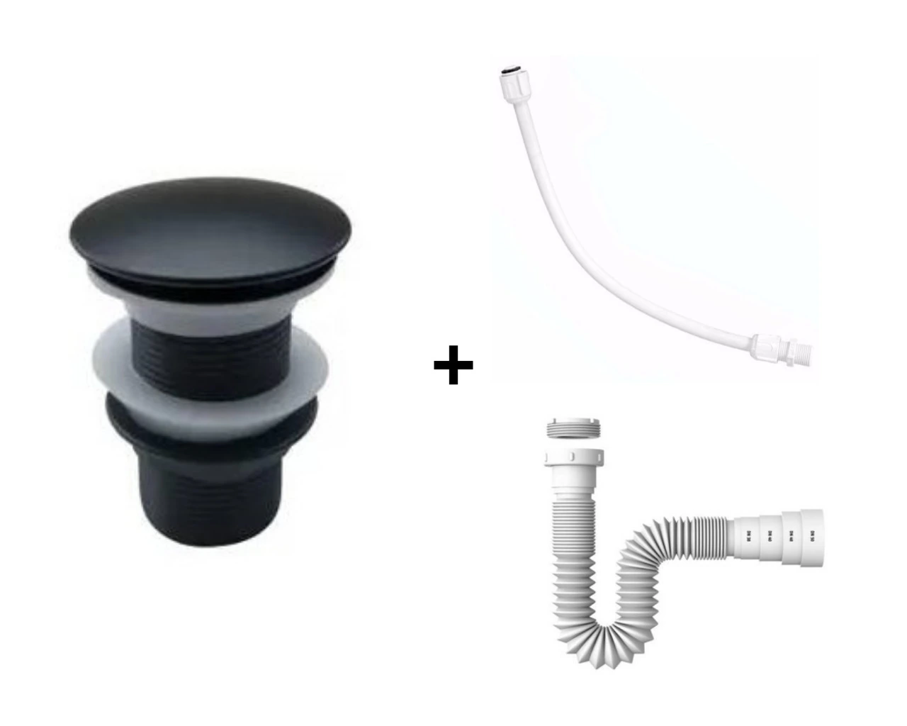 Kit Valvula Click 1 1/4 Black Preta Inox + Sifão + Engate