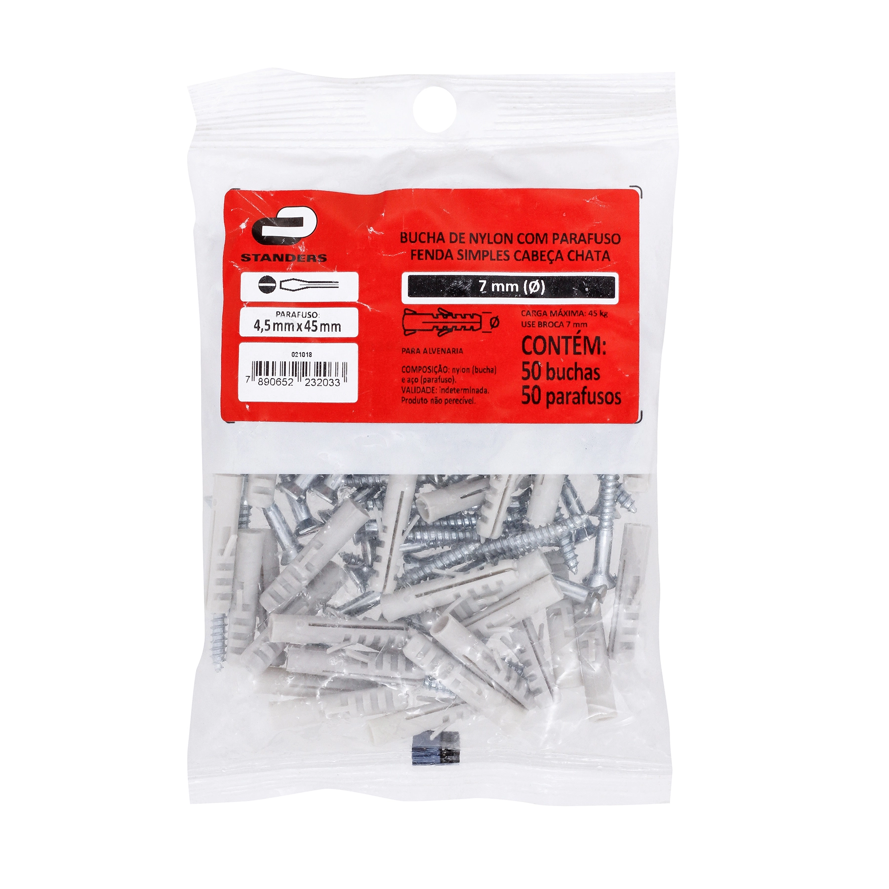 Bucha de Nylon para Alvenaria 7mm com Parafuso 50 unidades Standers
