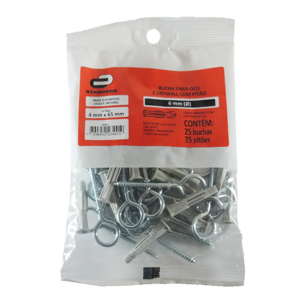 Bucha Nylon para Alvenaria 6mm com Pitão 25 unidades