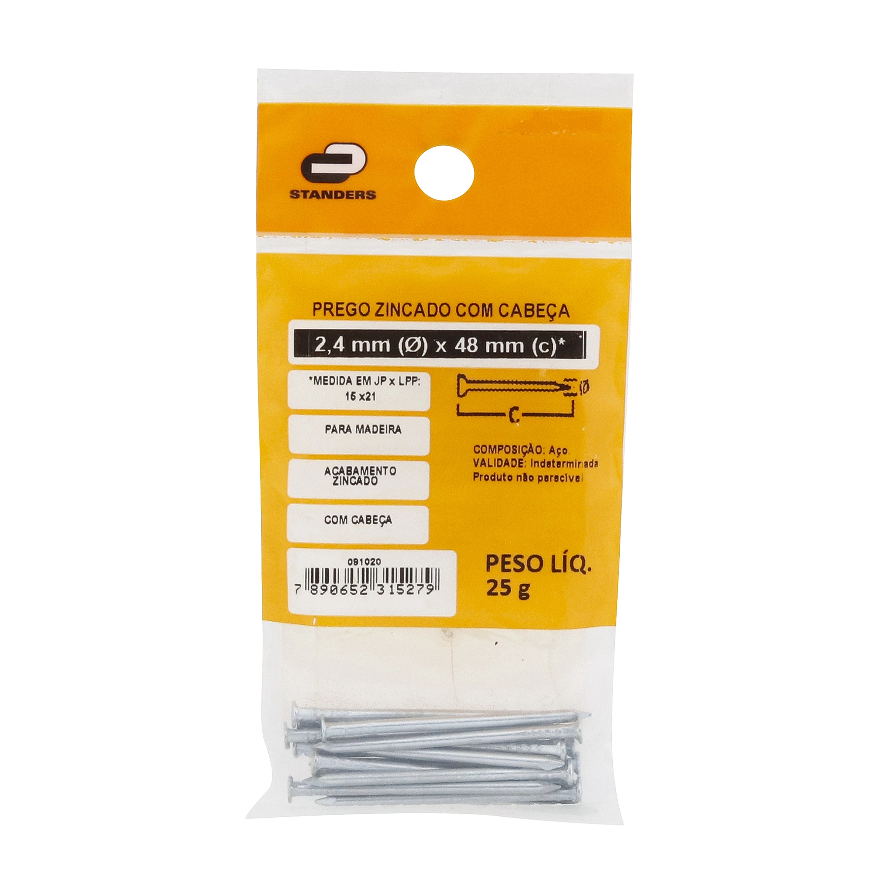 Prego Com Cabeça  Aço Zincado 2,40x48,30mm 15x21 25g