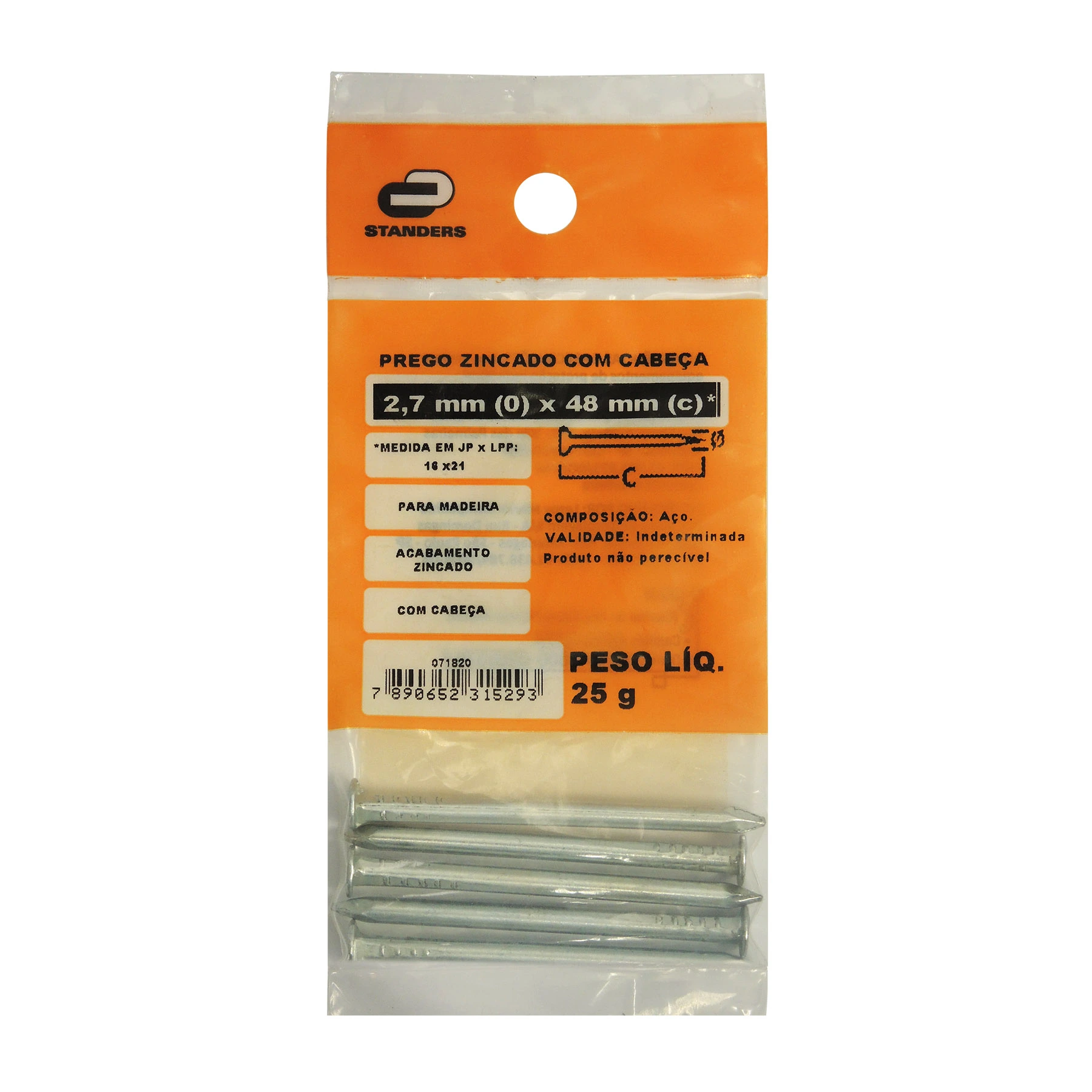 Prego Com Cabeça  Aço Zincado 2,70x48,30mm 16x21 25g