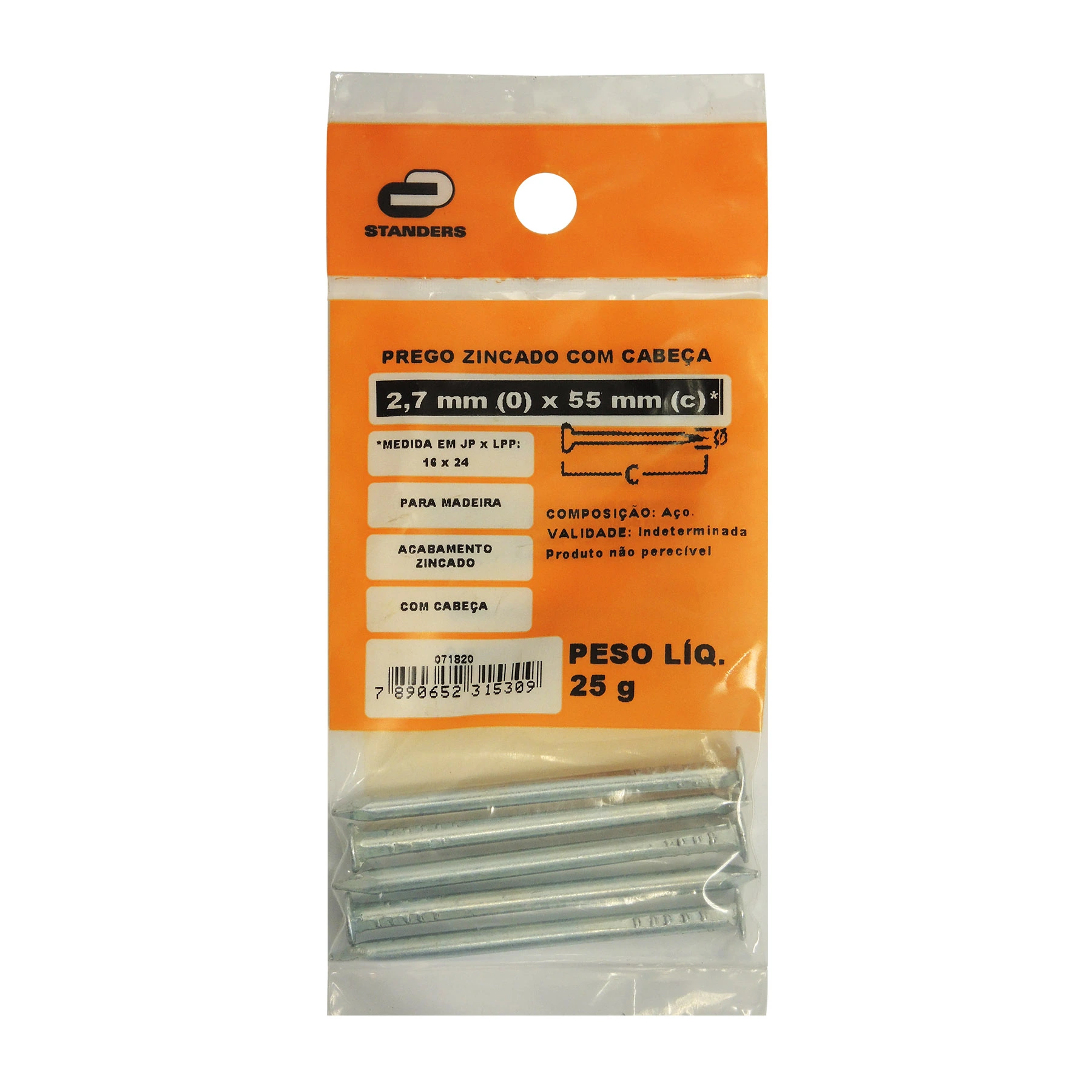 Prego Com Cabeça  Aço Zincado 2,70x55,20mm 16x24 25g