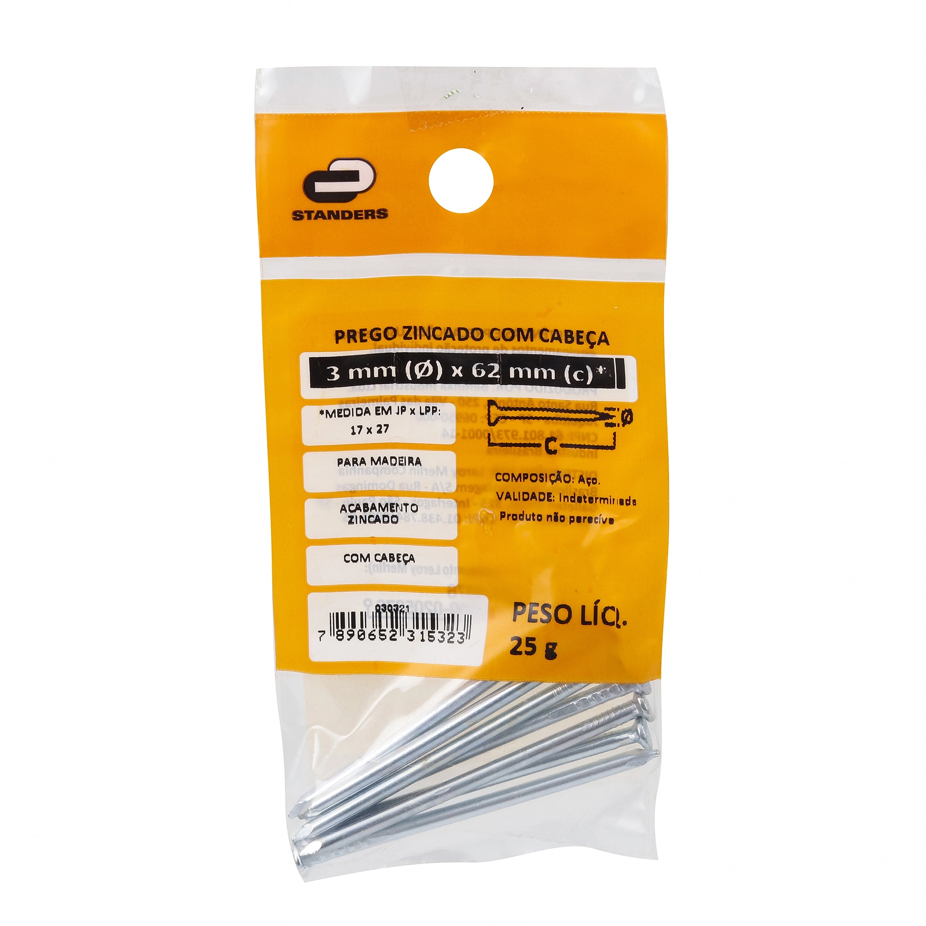Prego Com Cabeça  Aço Zincado 3,00x62,10mm 17x27 25g