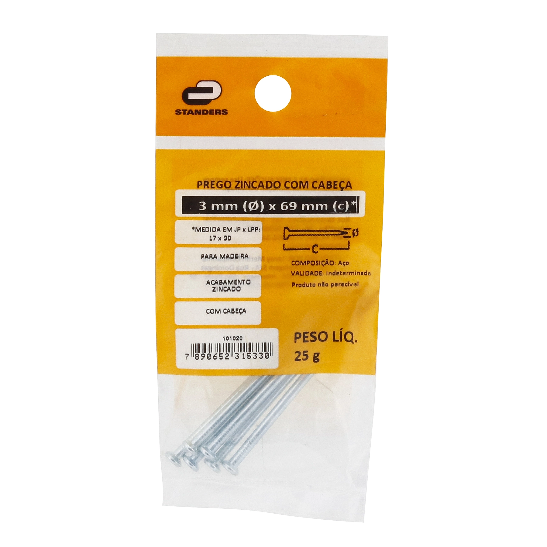 Prego Com Cabeça  Aço Zincado 3,00x69,00mm 17x30 25g