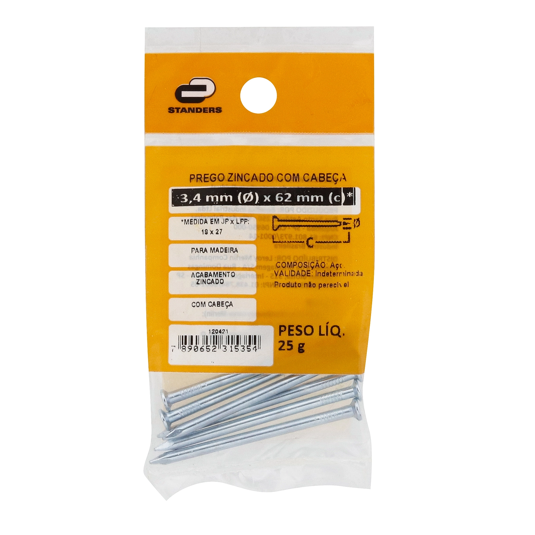 Prego Com Cabeça  Aço Zincado 3,40x62,10mm 18x27 25g