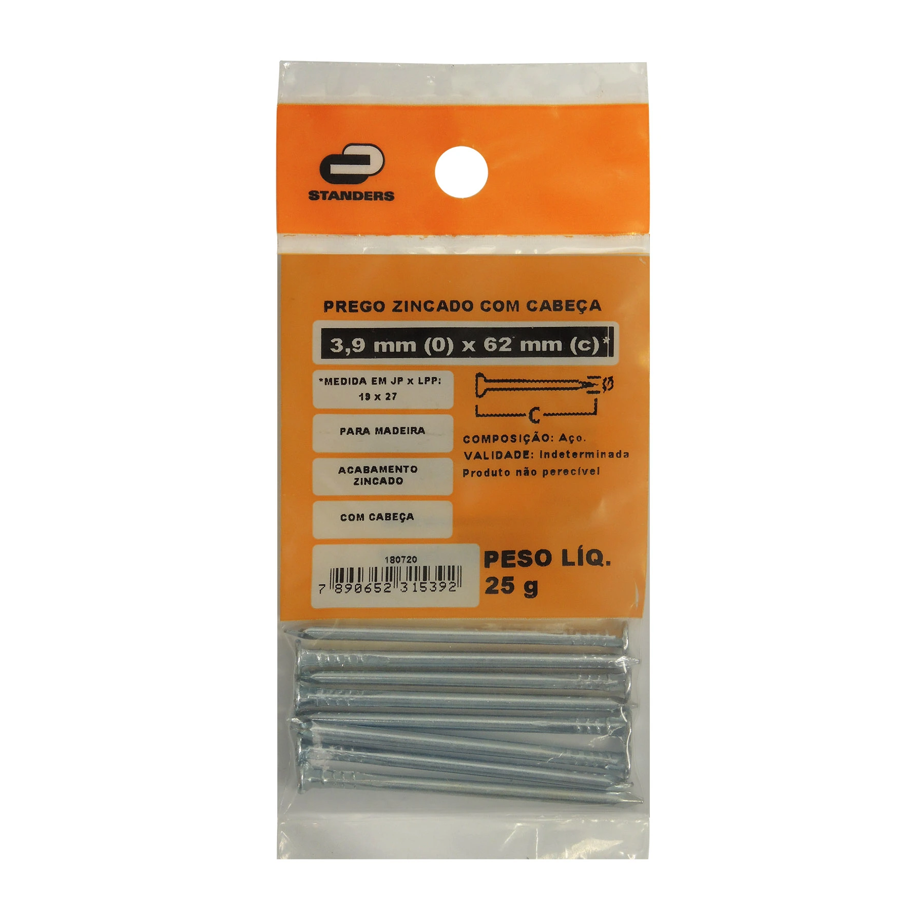 Prego Com Cabeça  Aço Zincado 3,90x62,10mm 19x27 25g