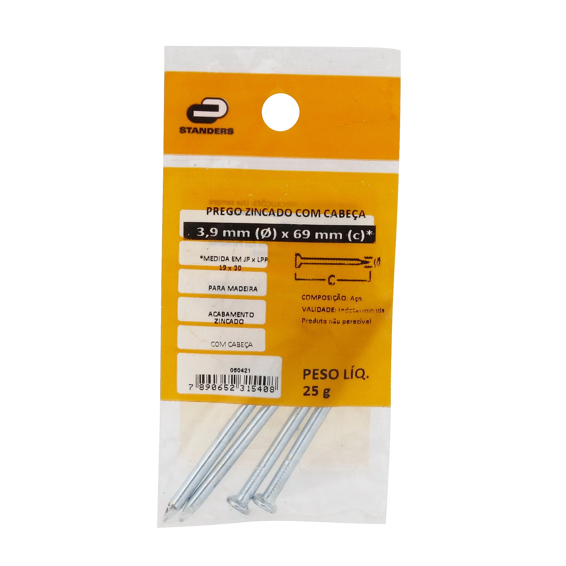 Prego Com Cabeça  Aço Zincado 3,90x69,00mm 19x30 25g