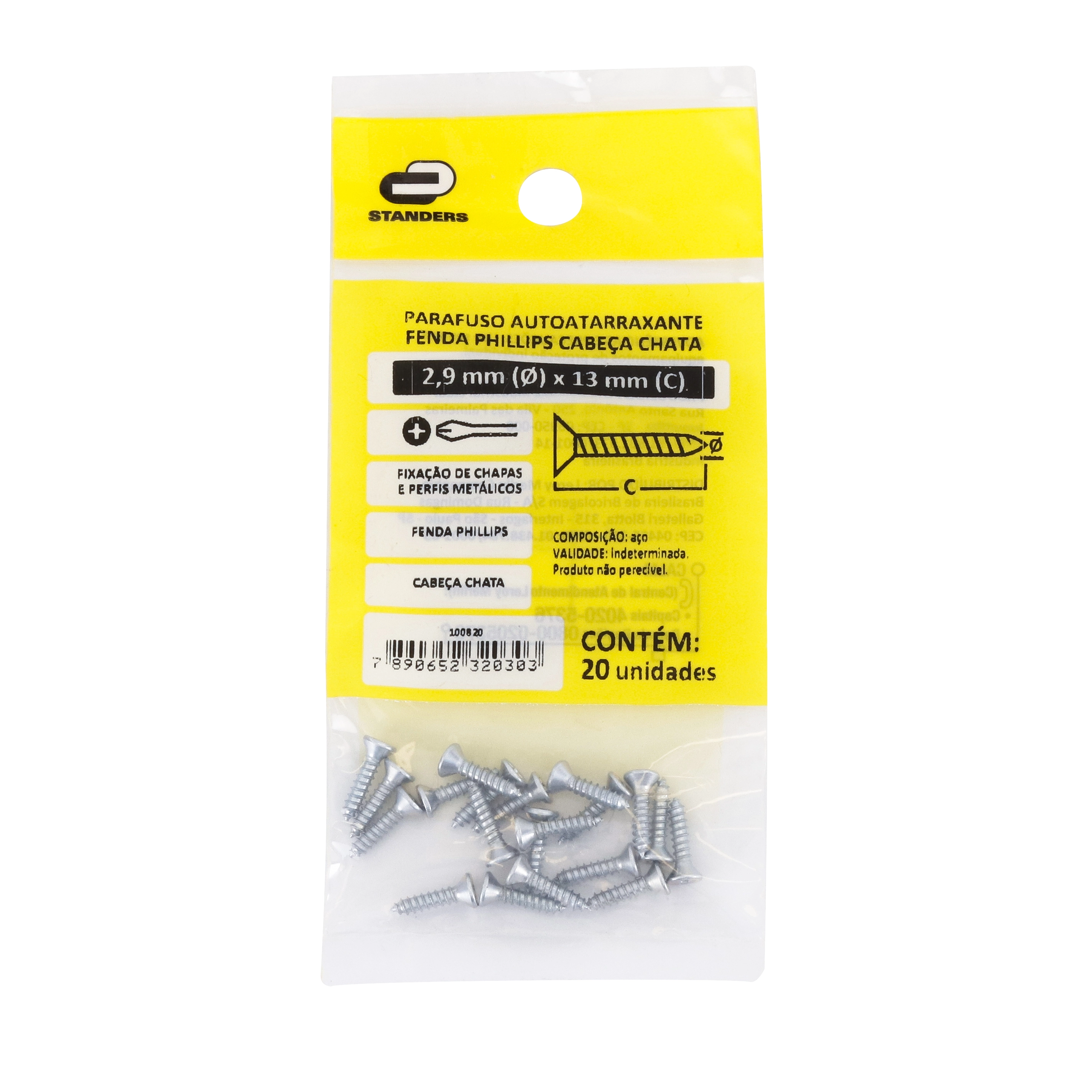 Parafuso Aço para Maçaneta 2,9x13mm Auto Atarraxante Chata Philips 20 peças