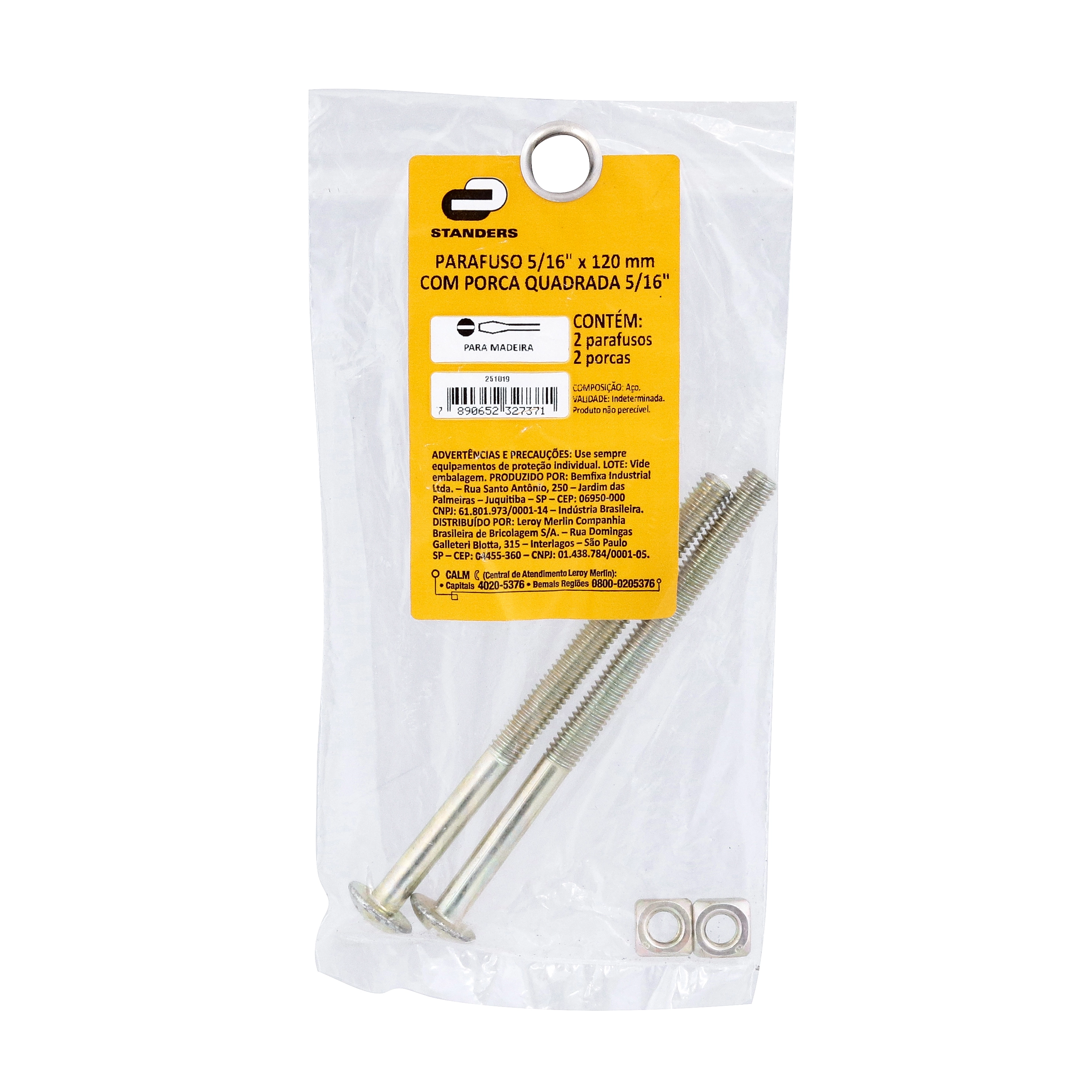 Parafuso 5/16"x120mm para Madeira com Porca Quadrada 5/16" 2 peças