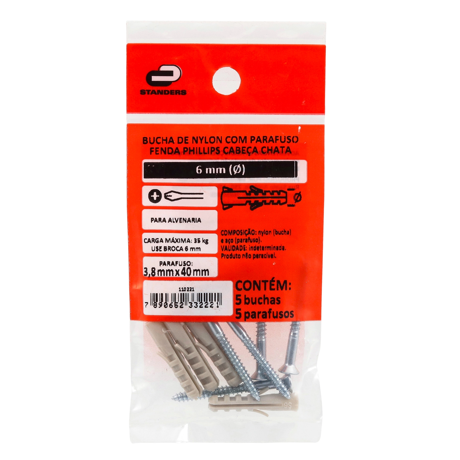 Bucha Nylon para Alvenaria 6mm com Parafuso 5 unidades