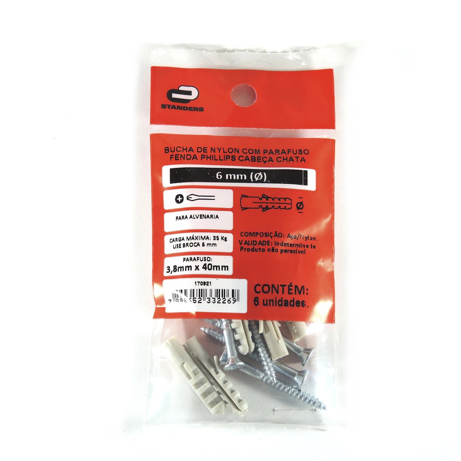 Bucha Nylon para Alvenaria 6mm com Parafuso 6 unidades