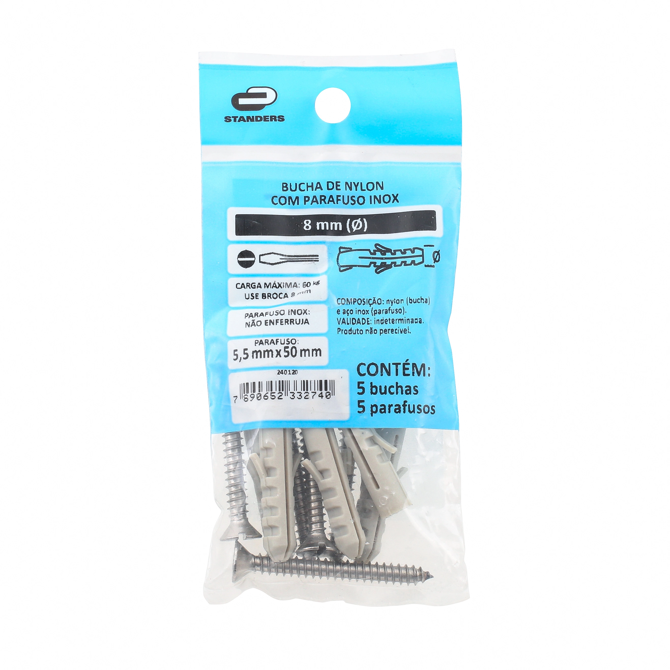 Bucha Nylon para Alvenaria 8mm com Parafuso 5 unidades