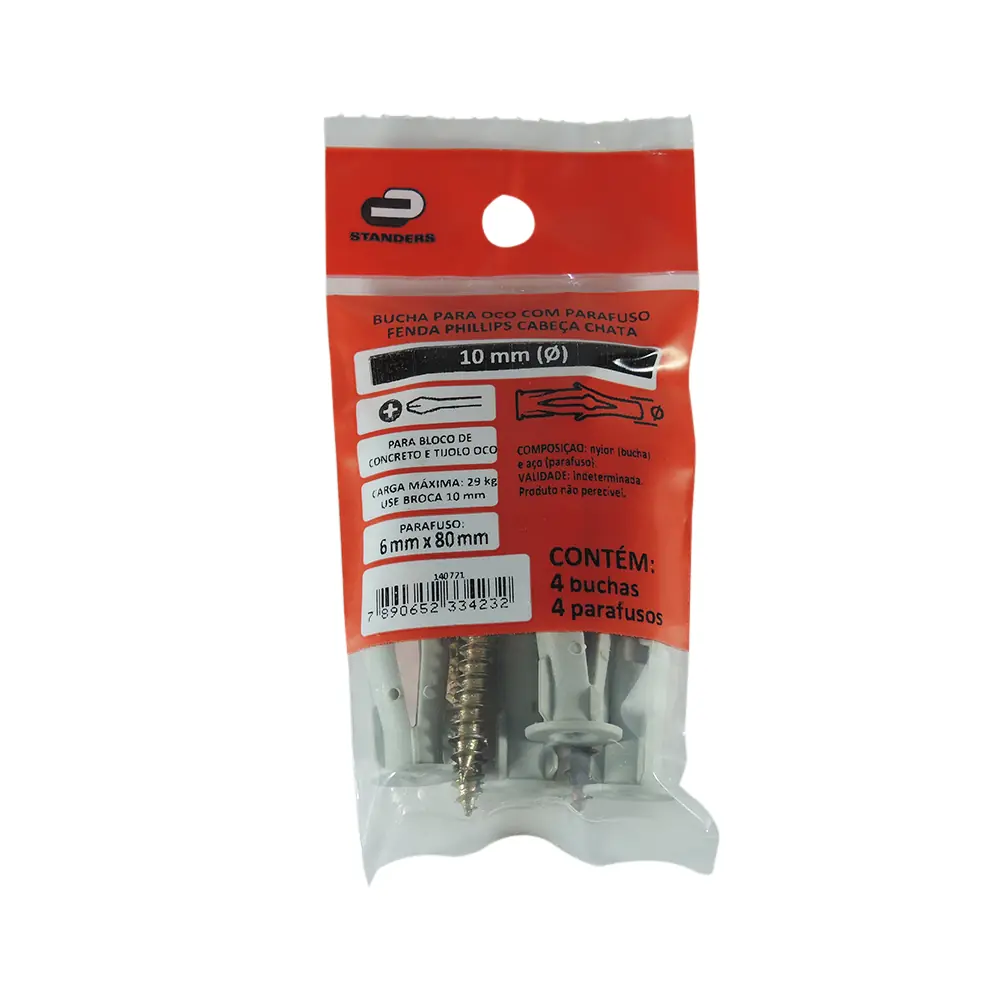 Bucha de Nylon para Alvenaria 10mm com Parafuso 4 unidades Standers