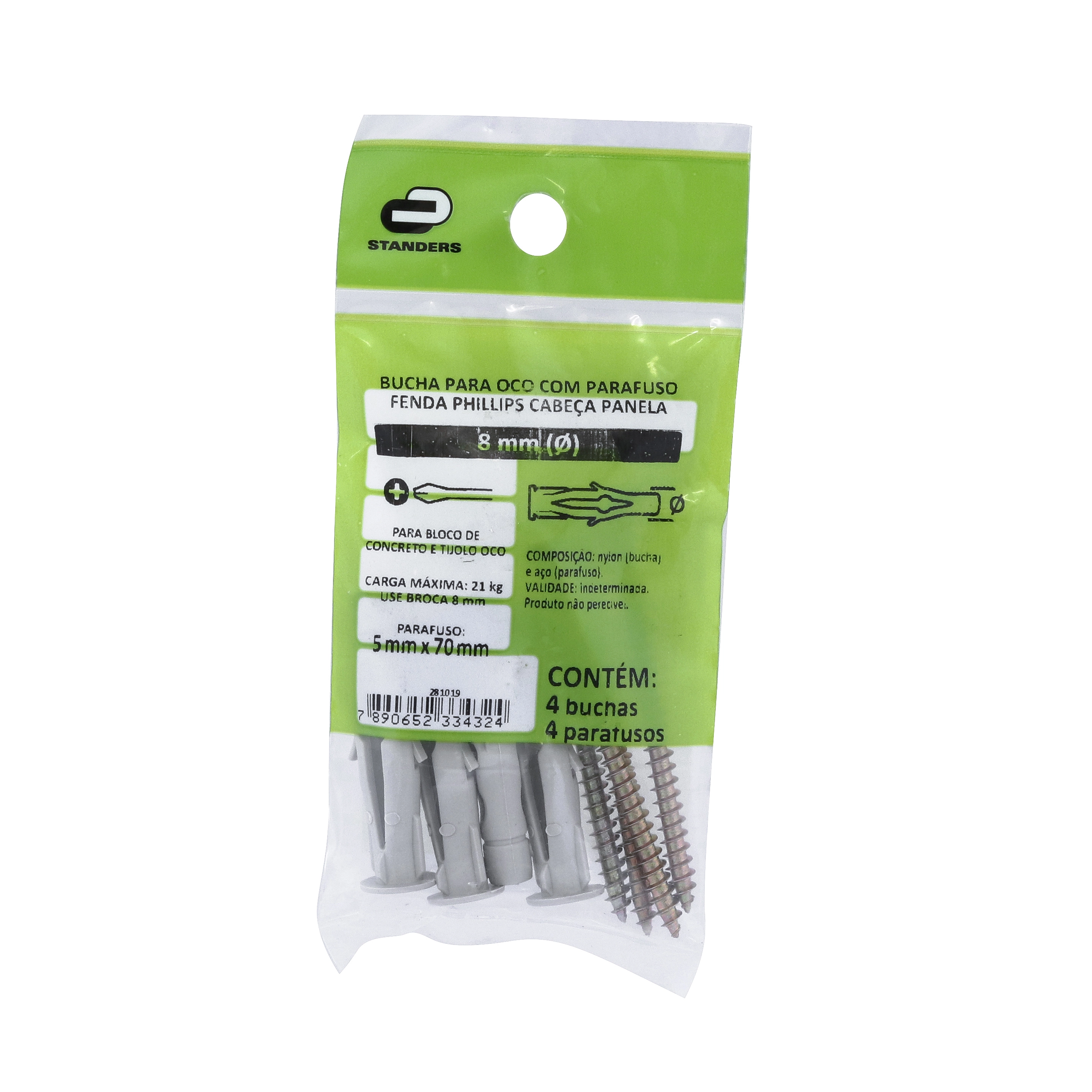 Bucha de Nylon para Alvenaria 8mm com Parafuso 4 peças Standers