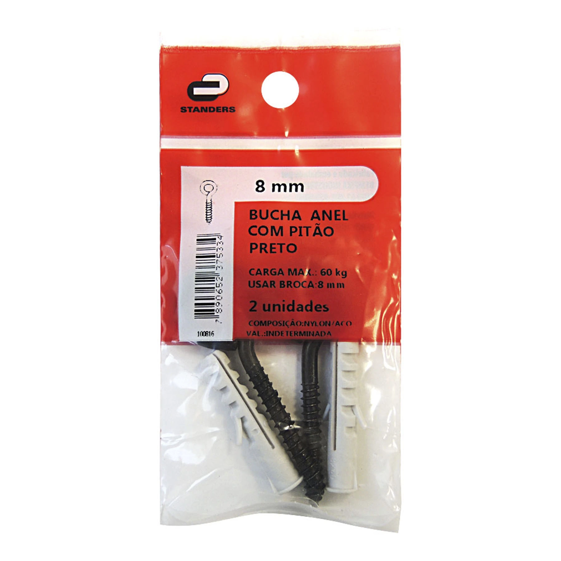 Bucha de Nylon para Alvenaria 8mm com Pitão 2 peças Standers