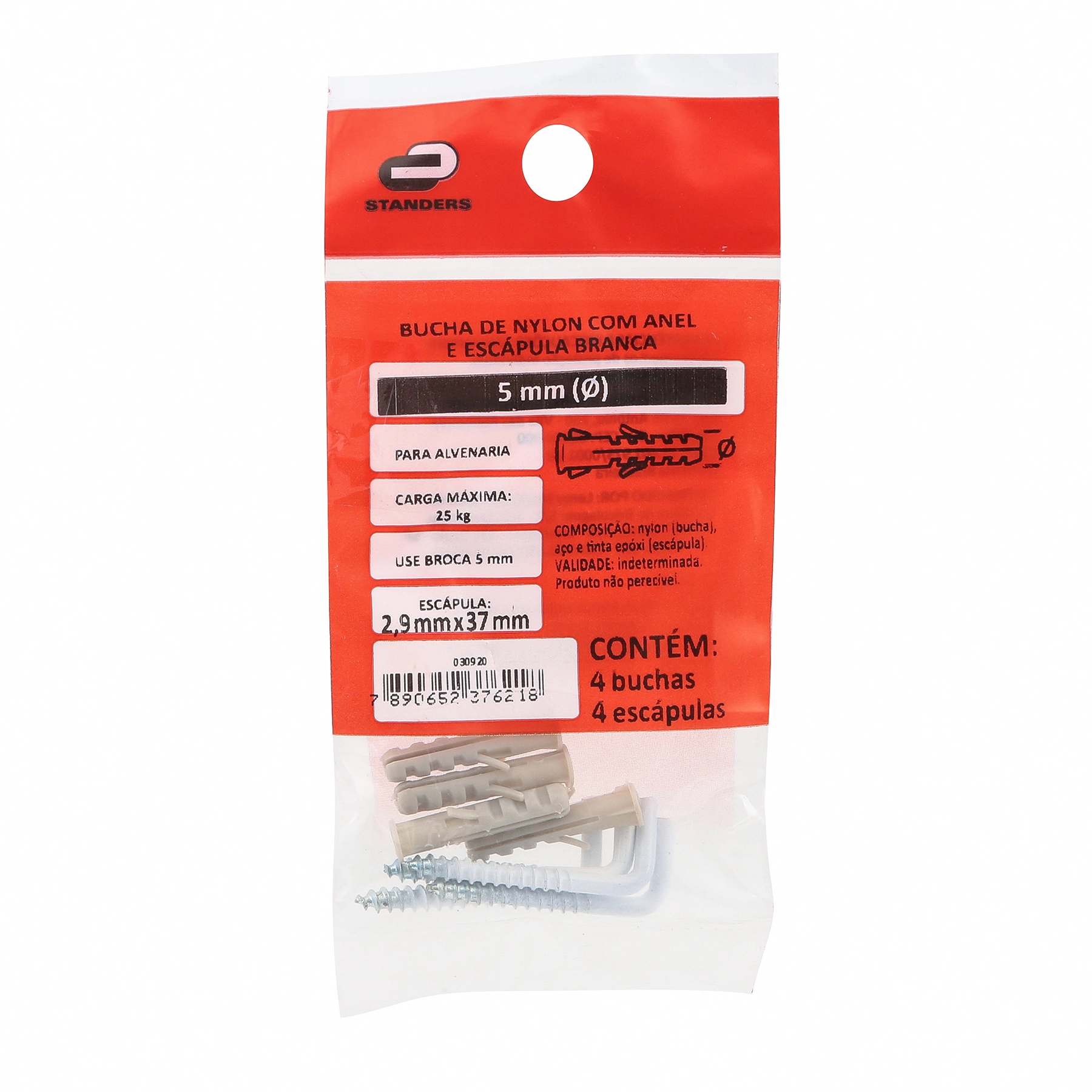 Bucha de Nylon para Alvenaria 5mm com Escápula 4 peças Standers