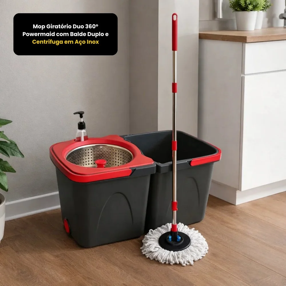 Mop Giratório Duo 360° Powermaid Com Balde Duplo E Centrífuga Em Aço Inox