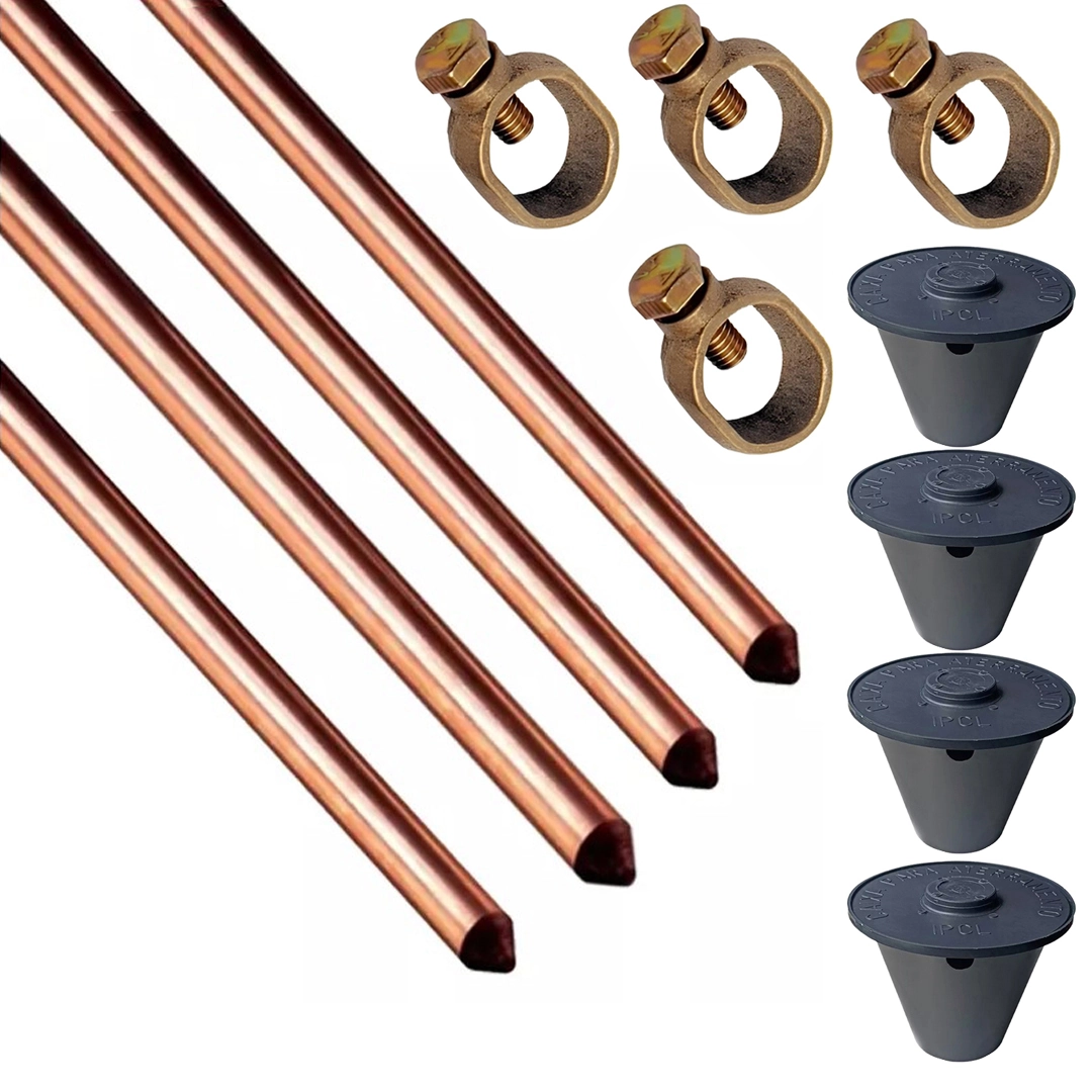 Kit 4haste Aterra Cobre 1/2x2,0mts 10mm+ 4 Grampo+ 4 Caixa